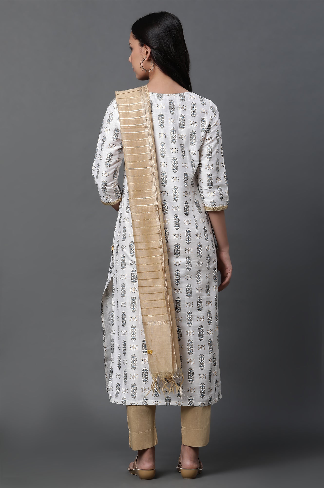 White Printed Sequined Kurta, Trousers and Dupatta Set