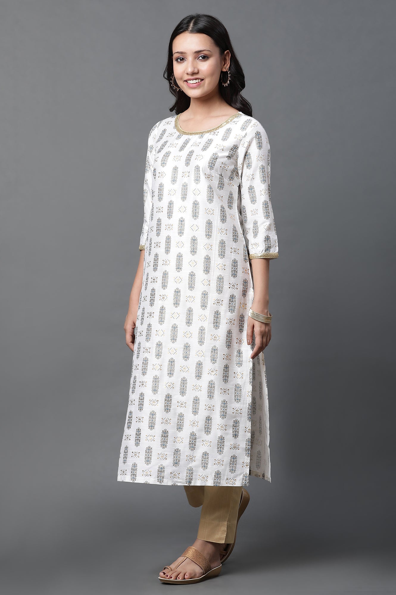 White Printed Sequined Kurta, Trousers and Dupatta Set