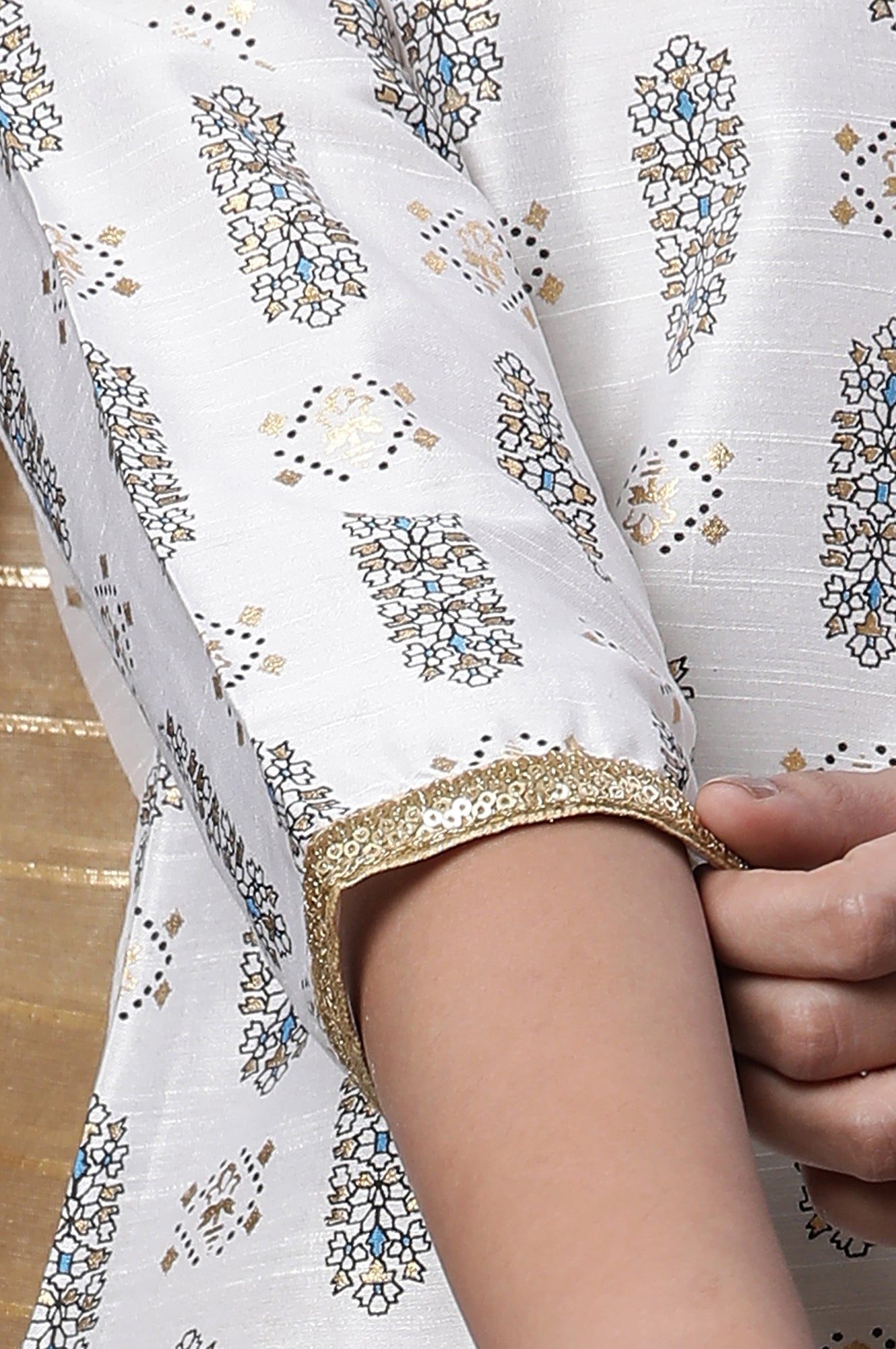 White Printed Sequined Kurta, Trousers and Dupatta Set