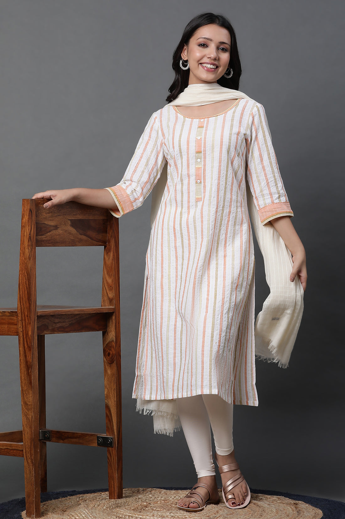 White Stripe Kurta, Tights and Dupatta Set