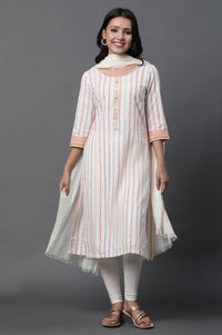 White Stripe Kurta, Tights and Dupatta Set