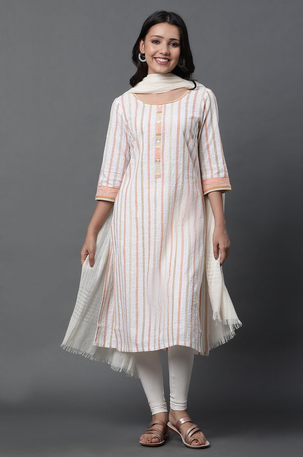 White Stripe Kurta, Tights and Dupatta Set