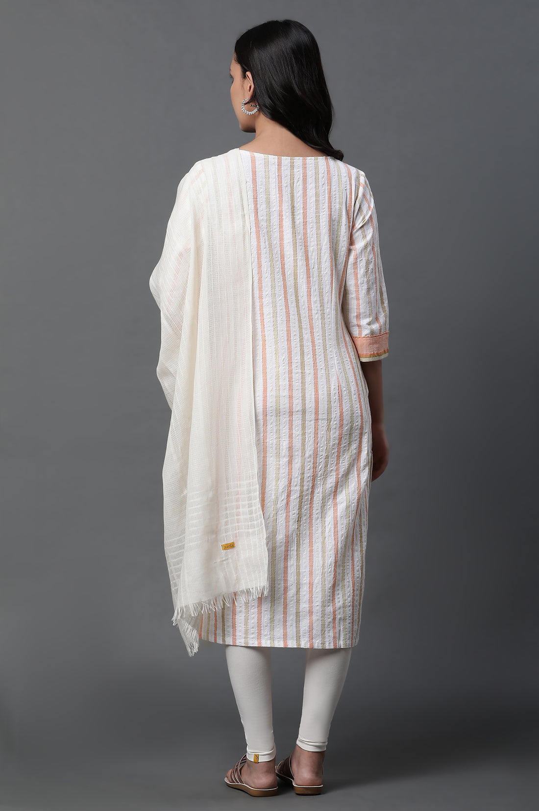 White Stripe Kurta, Tights and Dupatta Set