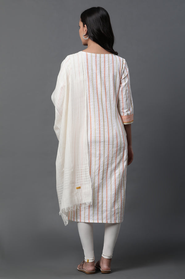 White Stripe Kurta, Tights and Dupatta Set