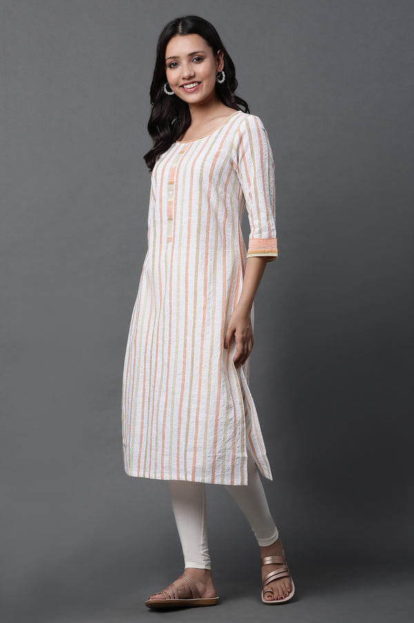 White Stripe Kurta, Tights and Dupatta Set