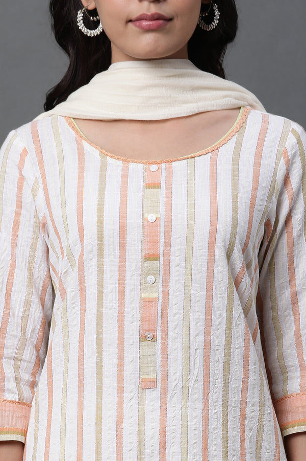White Stripe Kurta, Tights and Dupatta Set