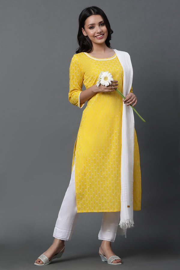 Yellow Printed Kurta, Trousers and Dupatta Set