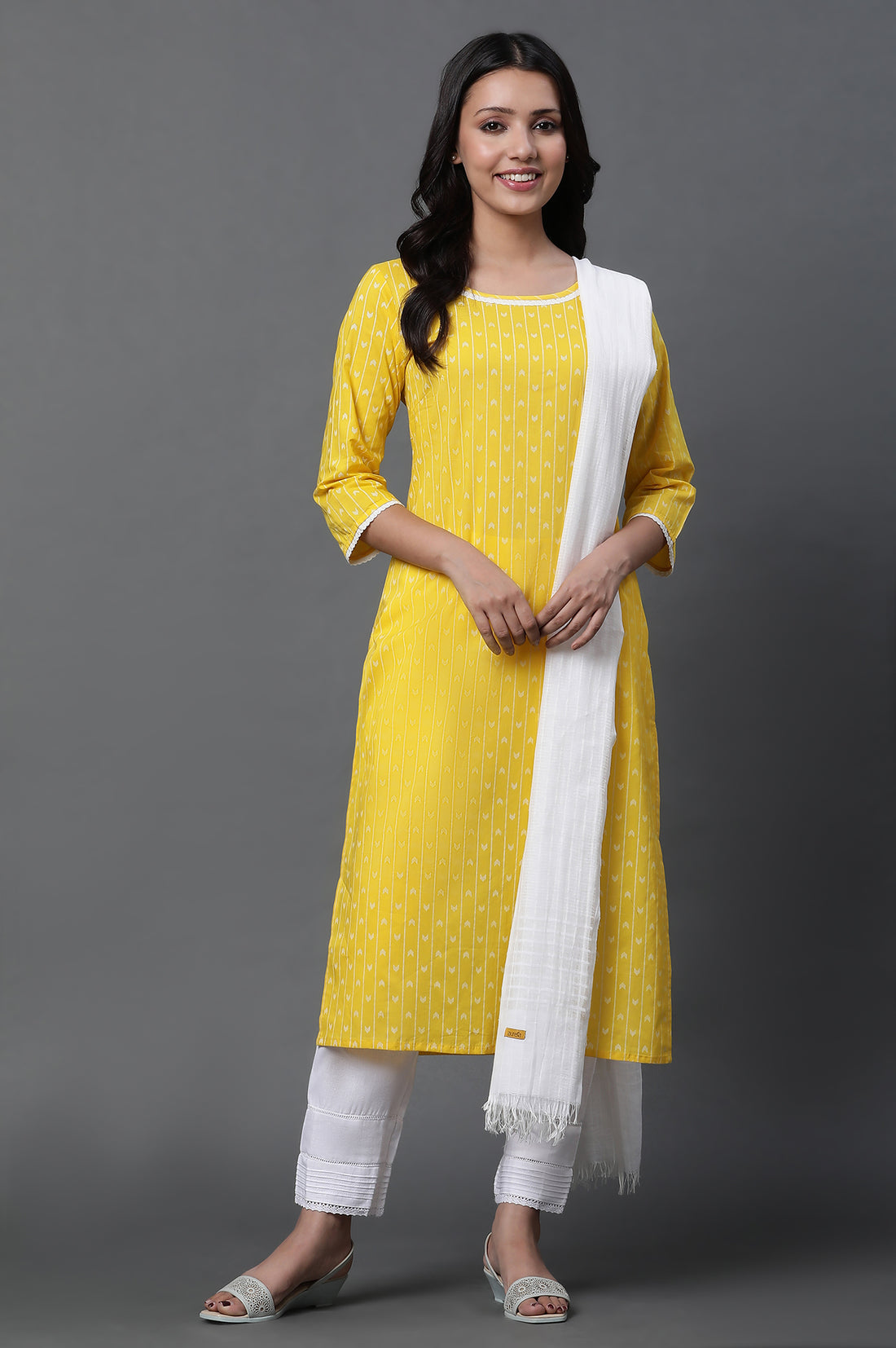 Yellow Printed Kurta, Trousers and Dupatta Set