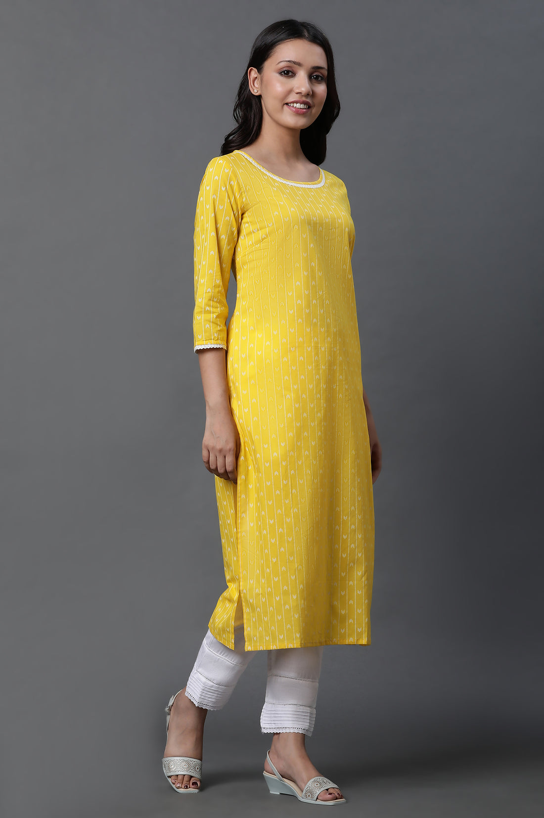 Yellow Printed Kurta, Trousers and Dupatta Set
