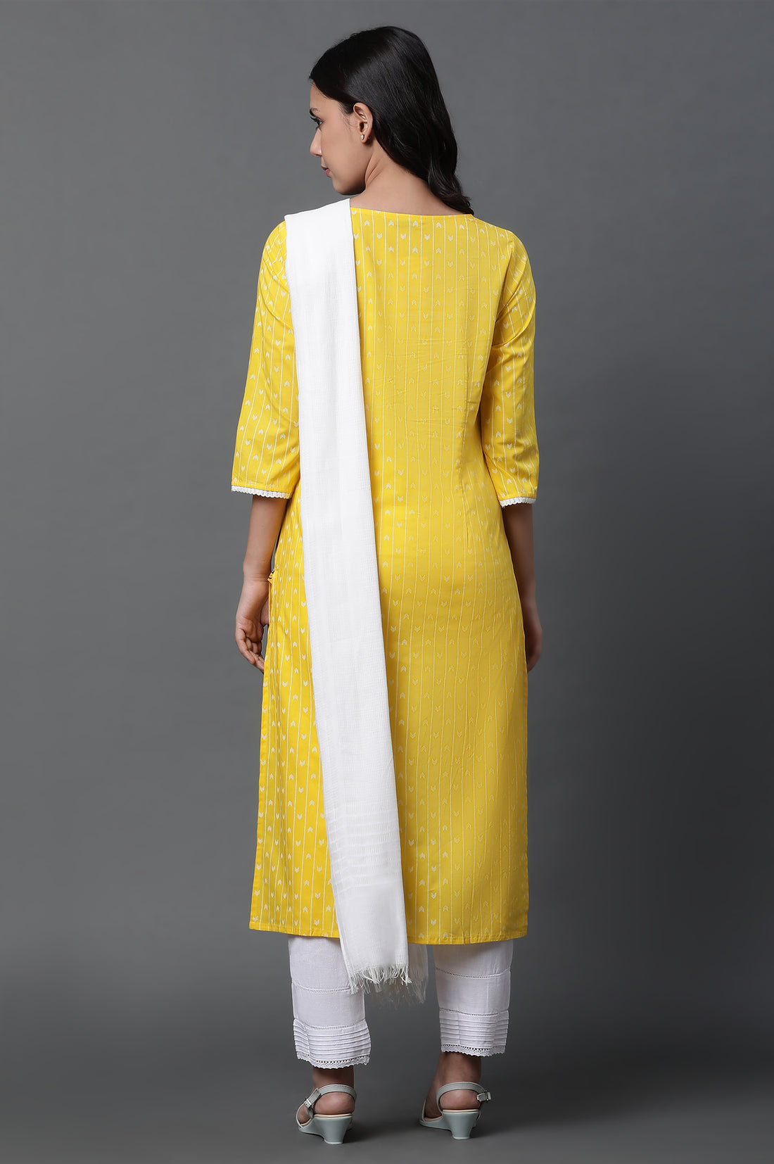 Yellow Printed Kurta, Trousers and Dupatta Set