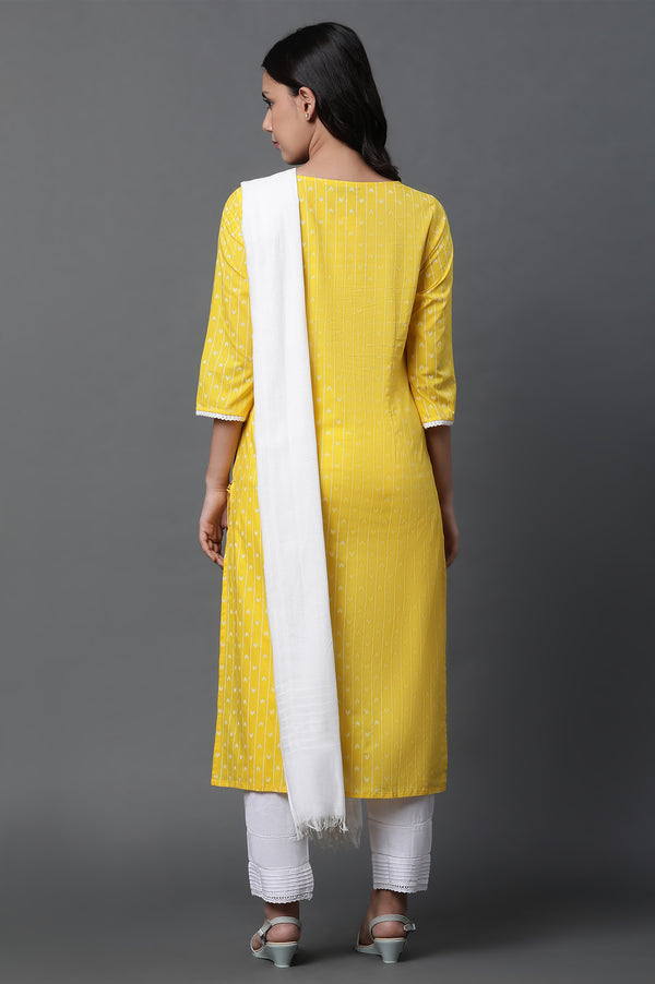 Yellow Printed Kurta, Trousers and Dupatta Set