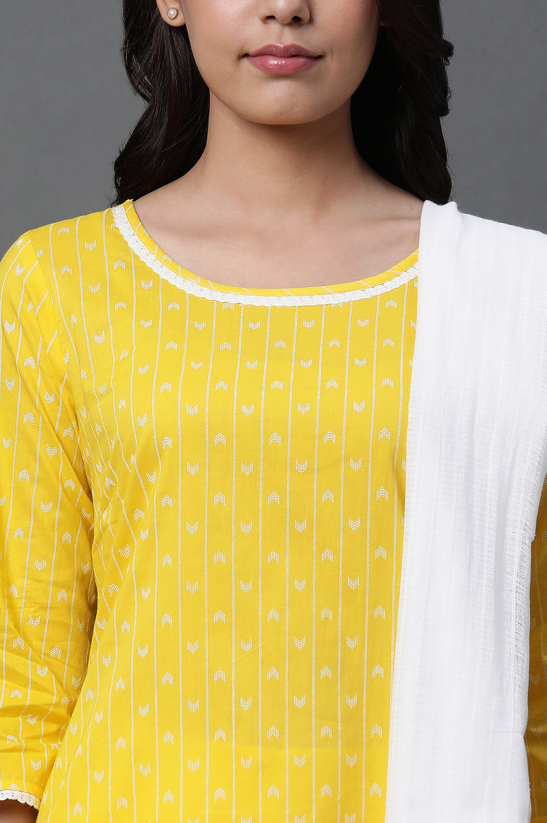 Yellow Printed Kurta, Trousers and Dupatta Set