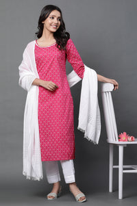 Pink Printed Kurta, Trousers and Dupatta Set