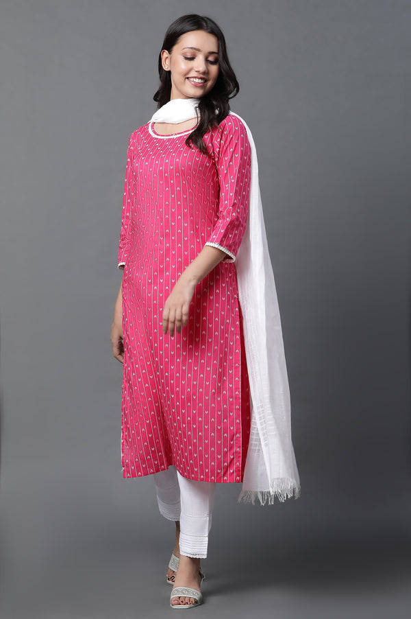 Pink Printed Kurta, Trousers and Dupatta Set