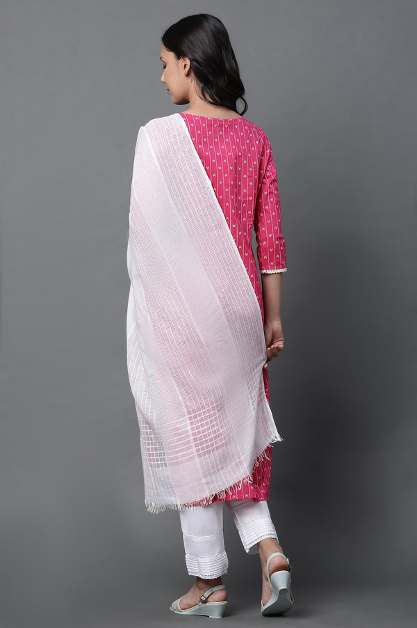 Pink Printed Kurta, Trousers and Dupatta Set