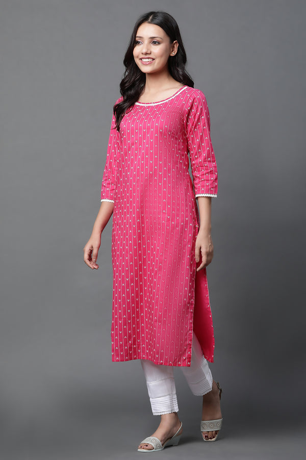 Pink Printed Kurta, Trousers and Dupatta Set