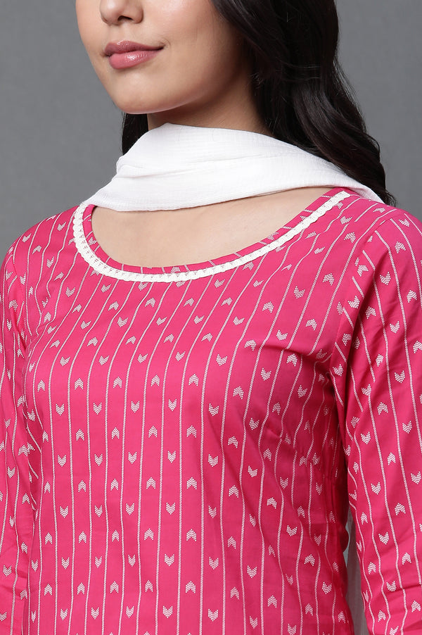 Pink Printed Kurta, Trousers and Dupatta Set