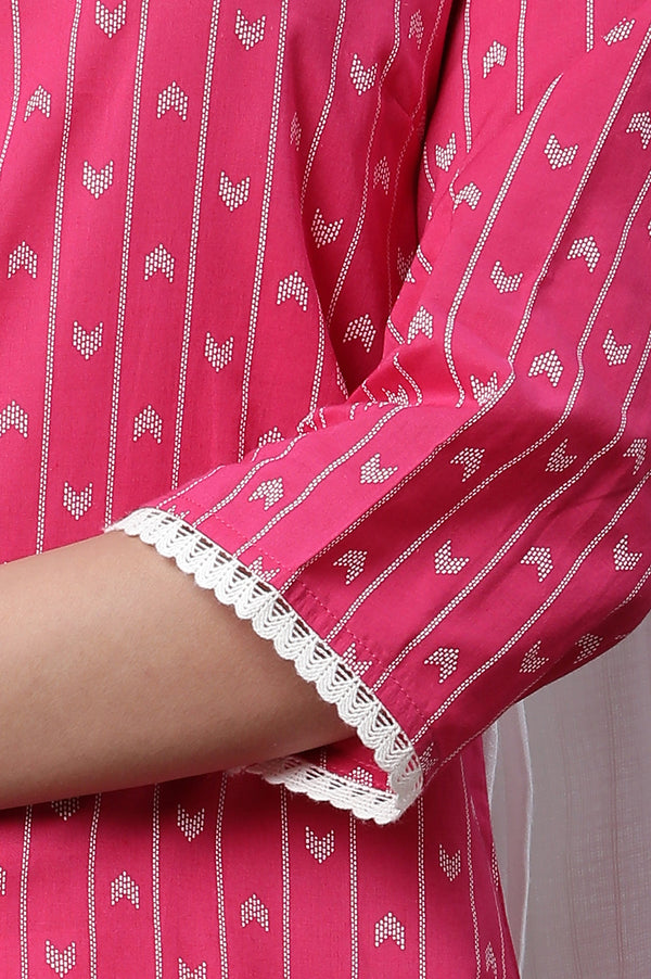 Pink Printed Kurta, Trousers and Dupatta Set