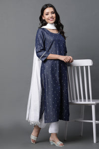 Blue Denim Kurta, Trousers and Dupatta Set