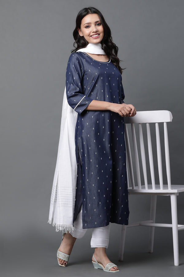 Blue Denim Kurta, Trousers and Dupatta Set