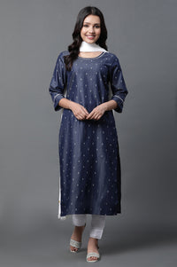 Blue Denim Kurta, Trousers and Dupatta Set