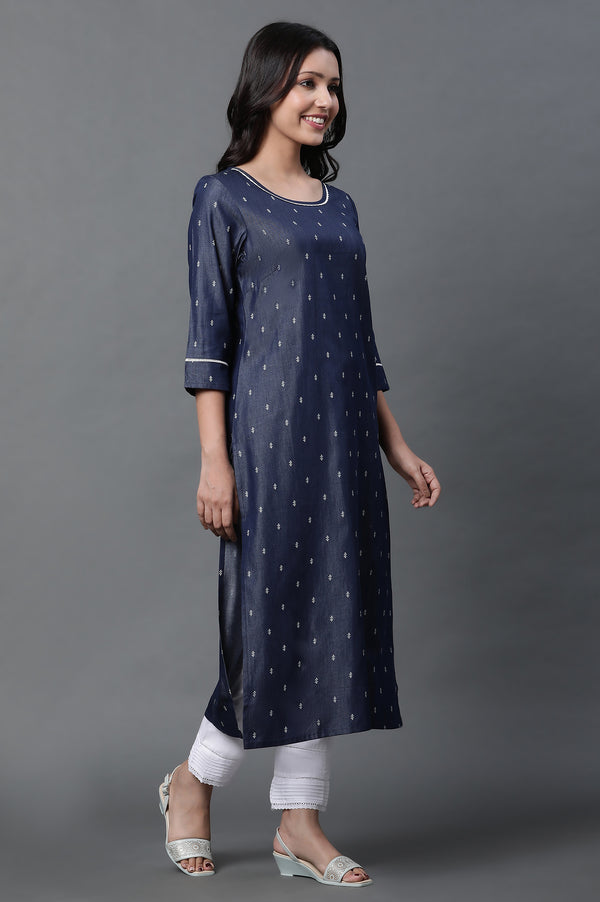 Blue Denim Kurta, Trousers and Dupatta Set
