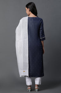 Blue Denim Kurta, Trousers and Dupatta Set