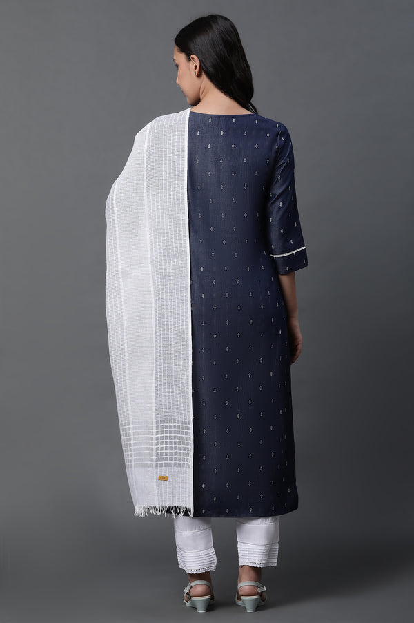 Blue Denim Kurta, Trousers and Dupatta Set
