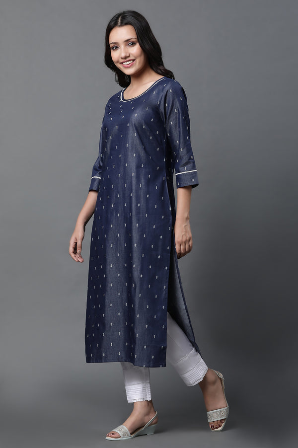 Blue Denim Kurta, Trousers and Dupatta Set