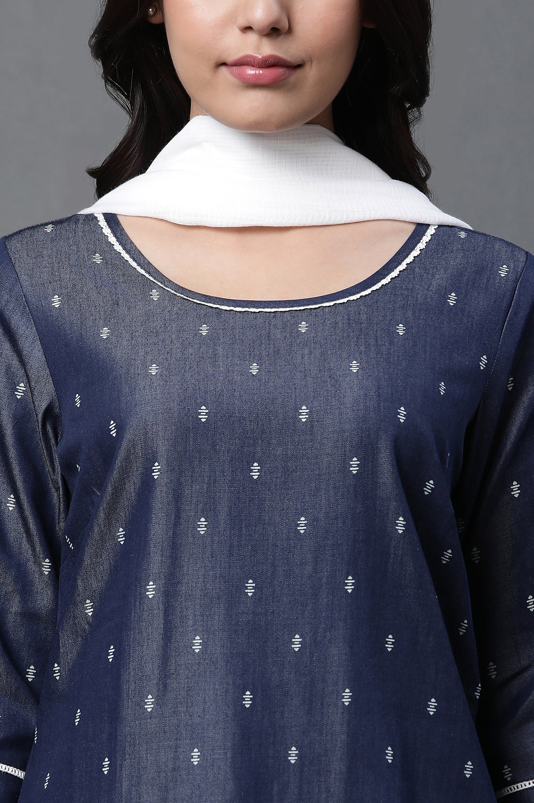 Blue Denim Kurta, Trousers and Dupatta Set