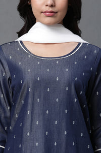 Blue Denim Kurta, Trousers and Dupatta Set