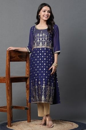 Blue Embellished Kurta and Pants Set