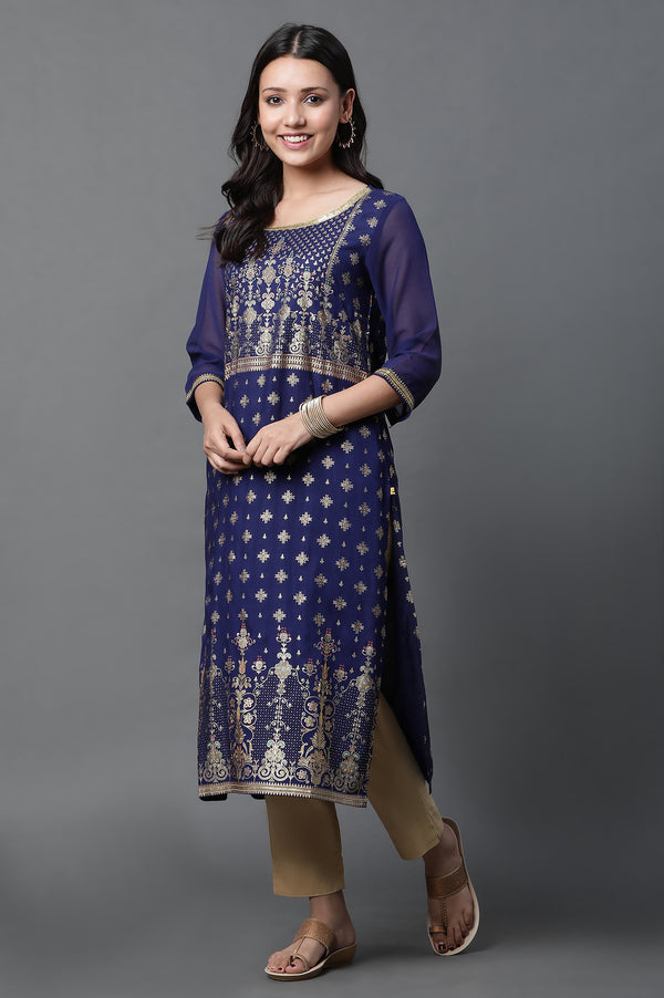Blue Embellished Kurta and Pants Set