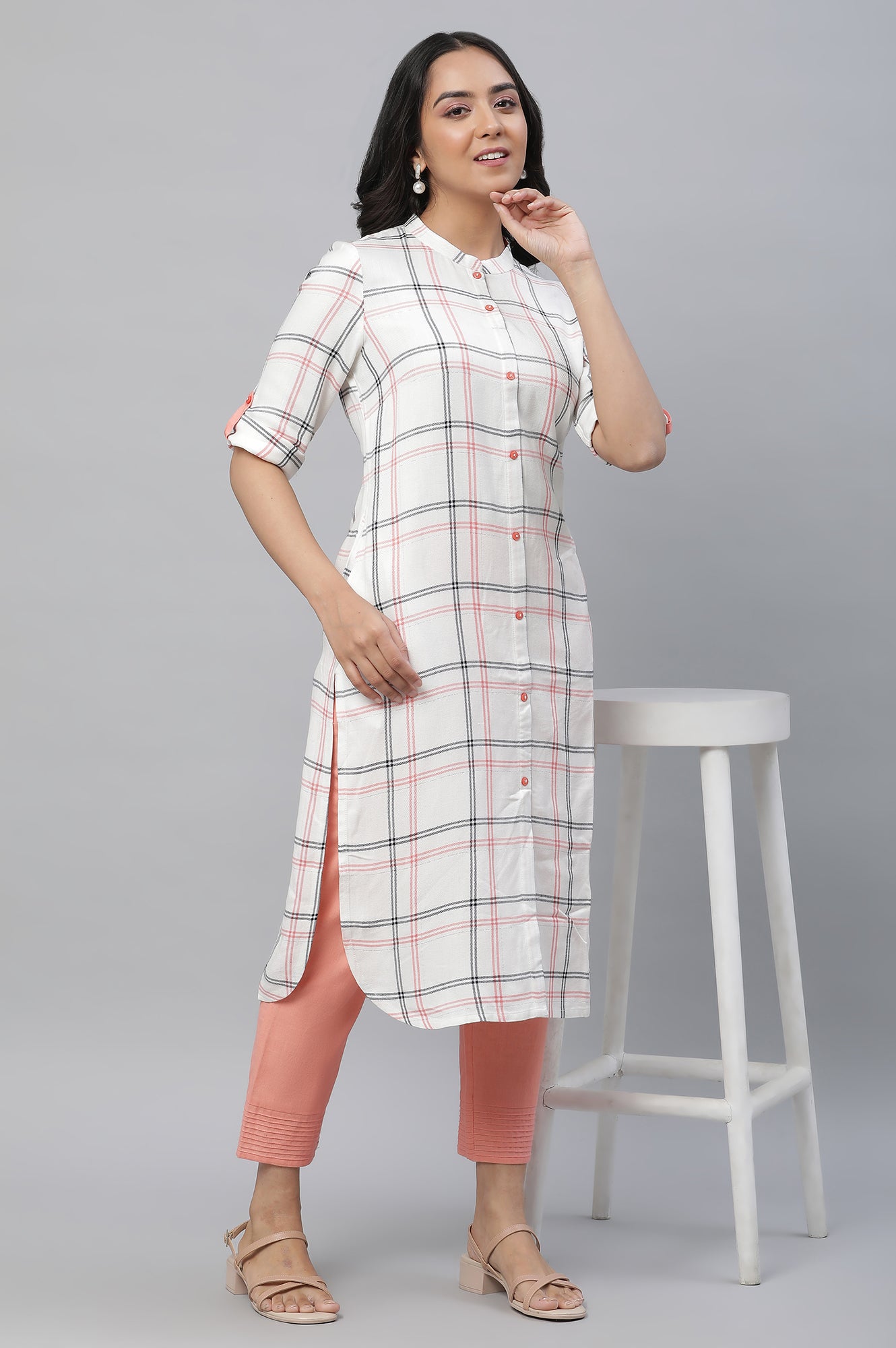 White Checker Modern Kurta and Pants Set