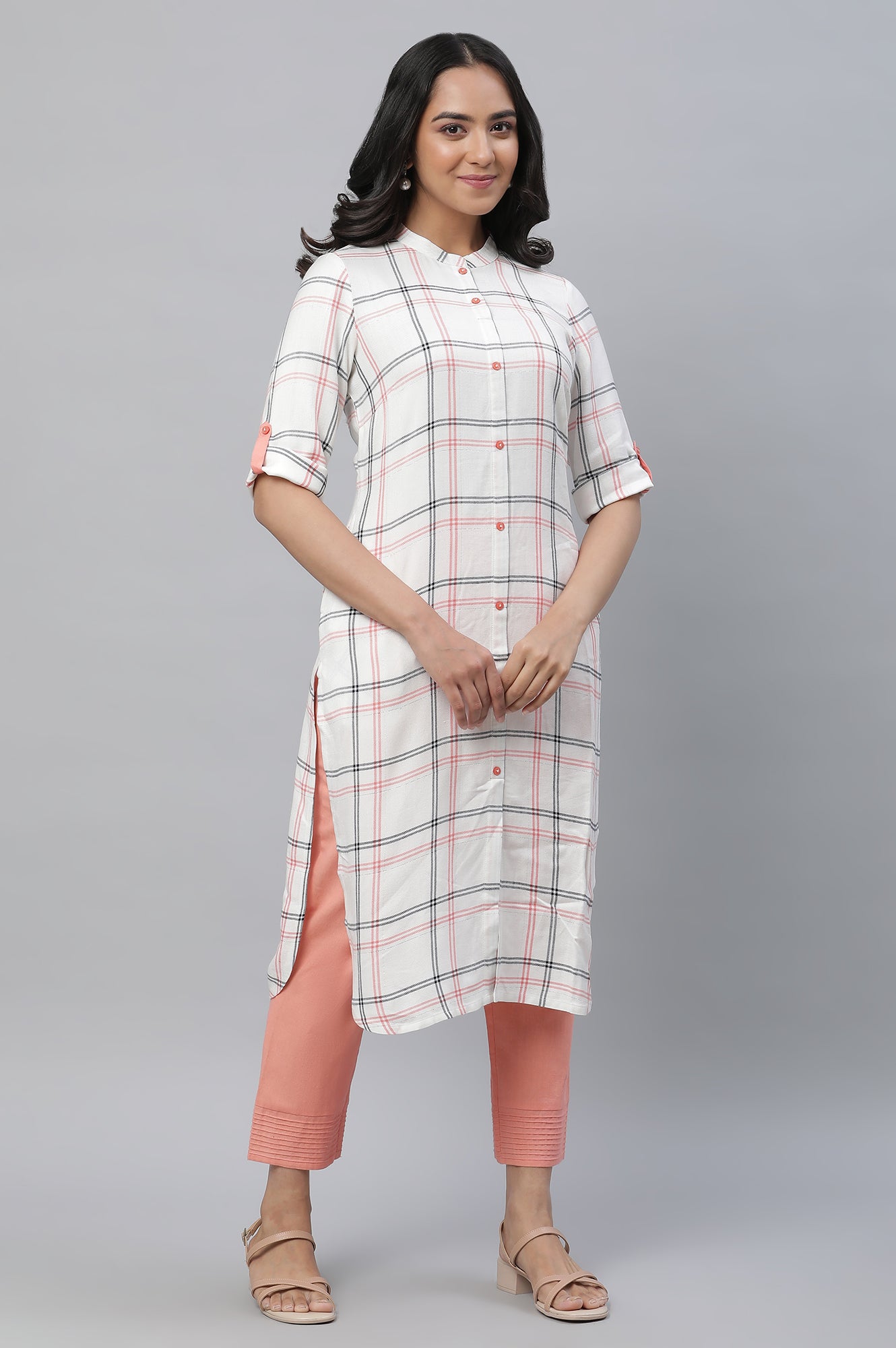 White Checker Modern Kurta and Pants Set