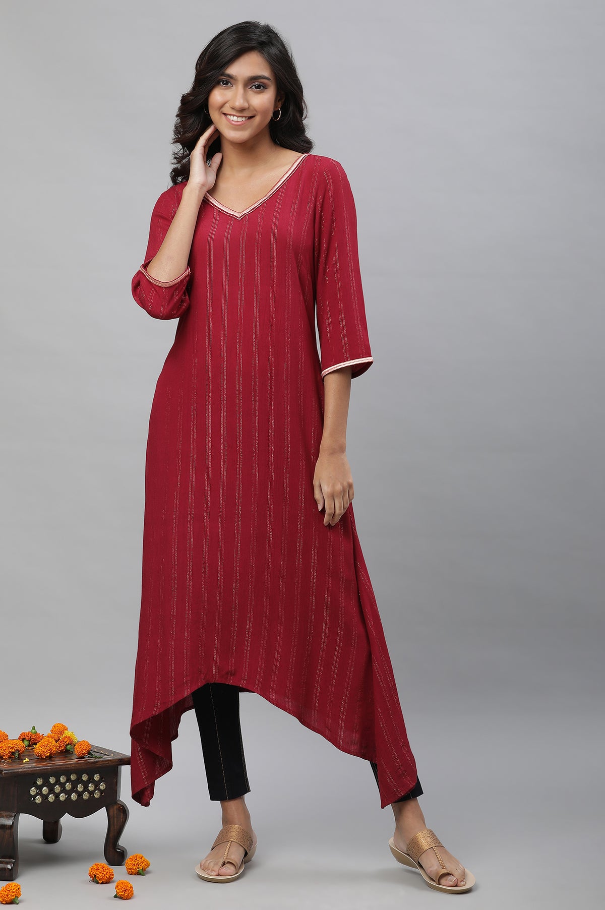 Maroon Embellished Asymmetrical Kurta and Jegging Set - S