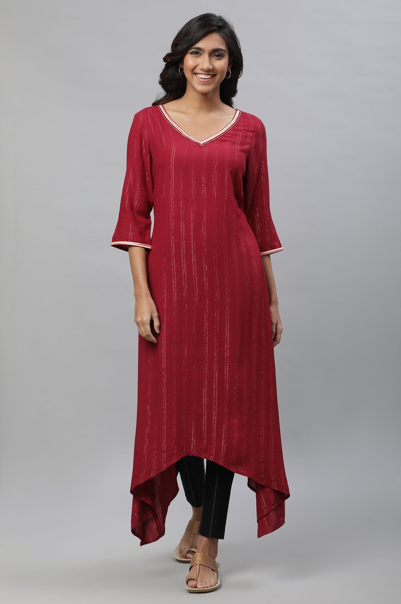 Maroon Embellished Asymmetrical Kurta and Jegging Set