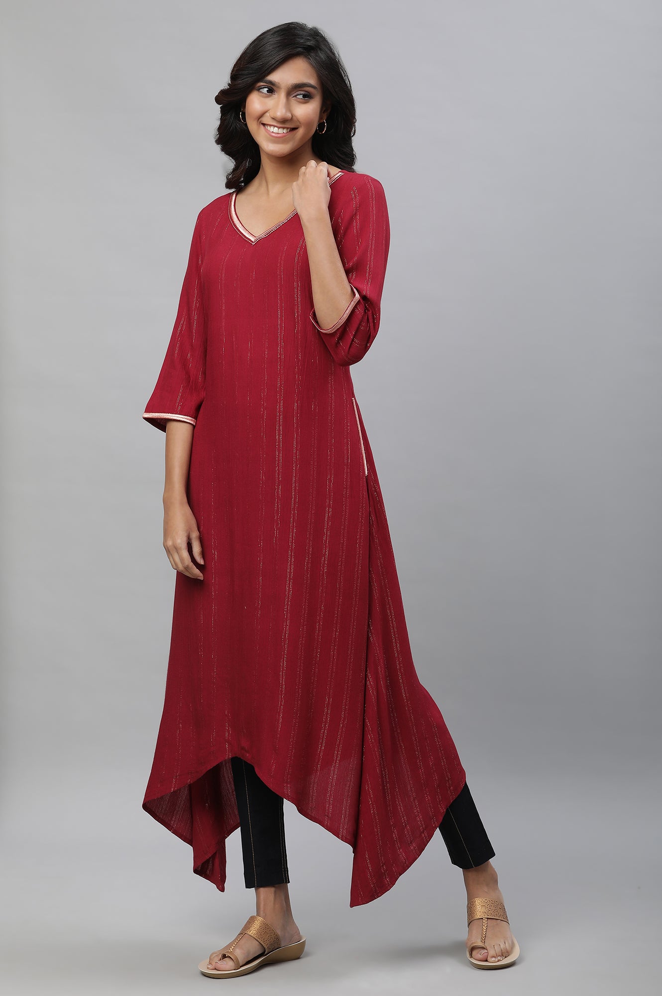 Maroon Embellished Asymmetrical Kurta and Jegging Set