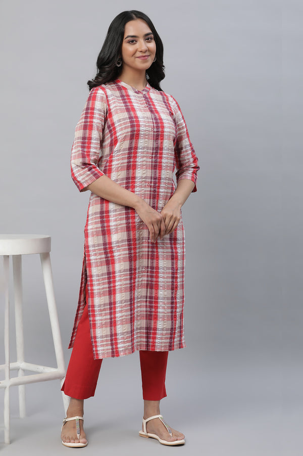 Red Textured Cotton Kurta and Trouser Set