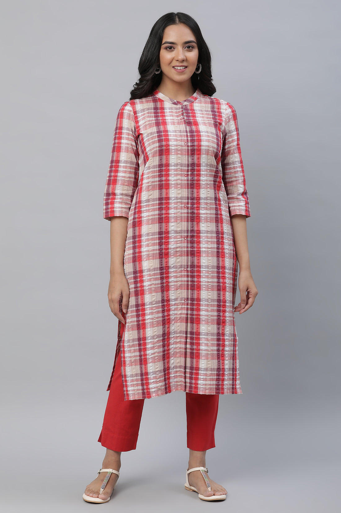 Red Textured Cotton Kurta and Trouser Set