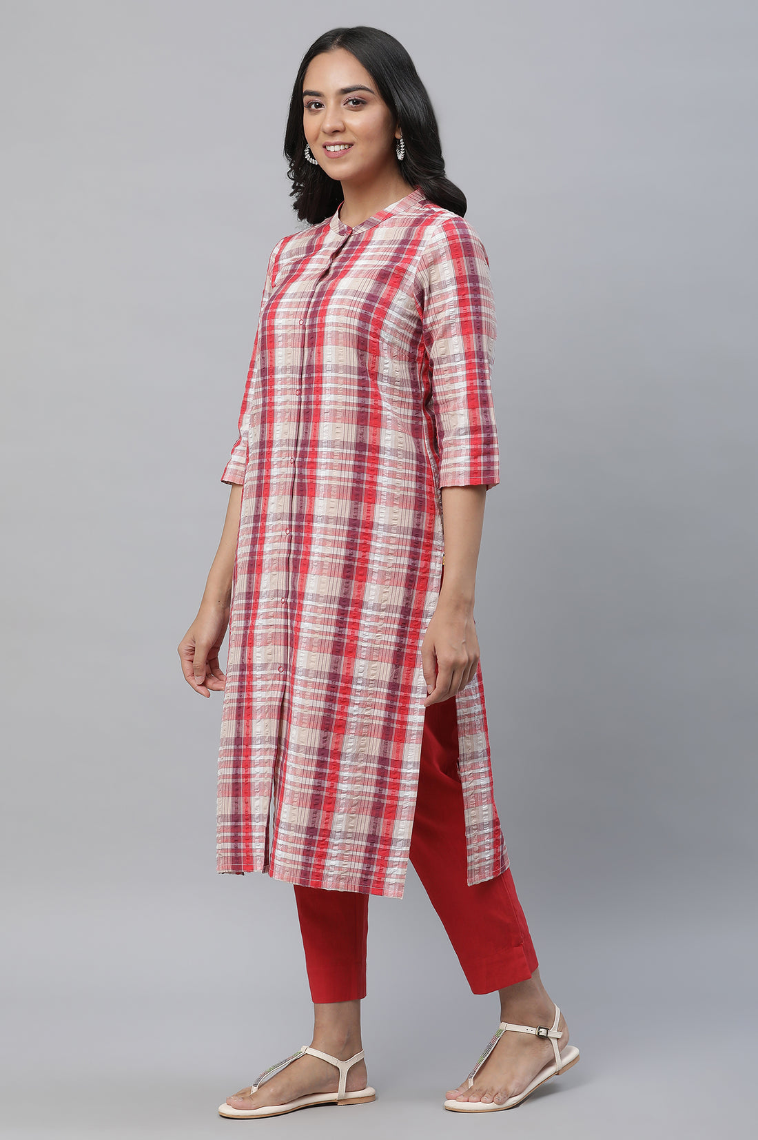 Red Textured Cotton Kurta and Trouser Set