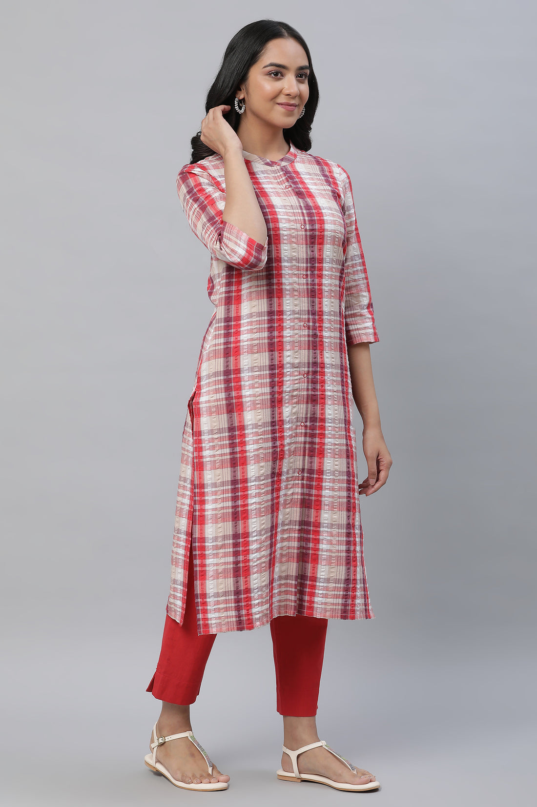 Red Textured Cotton Kurta and Trouser Set
