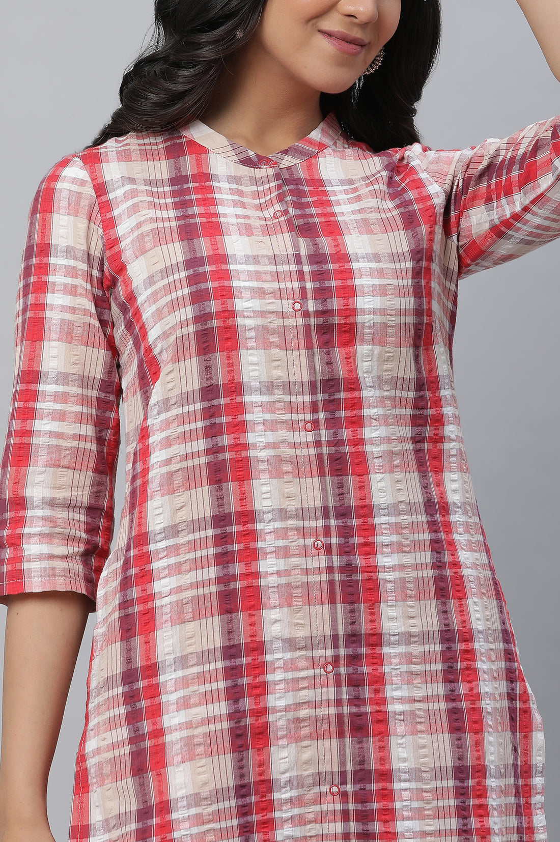 Red Textured Cotton Kurta and Trouser Set