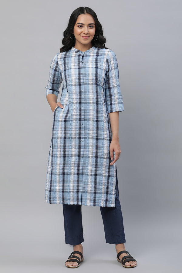 Blue Textured Cotton Kurta and Trouser Set