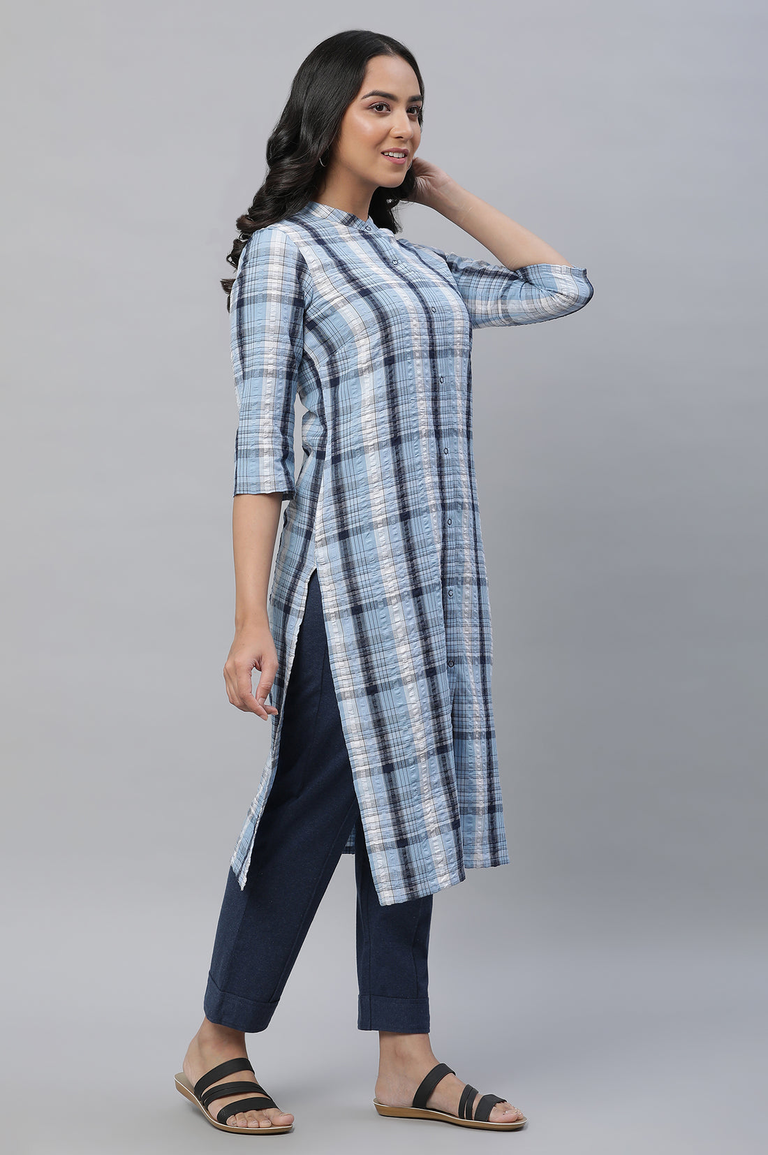 Blue Textured Cotton Kurta and Trouser Set