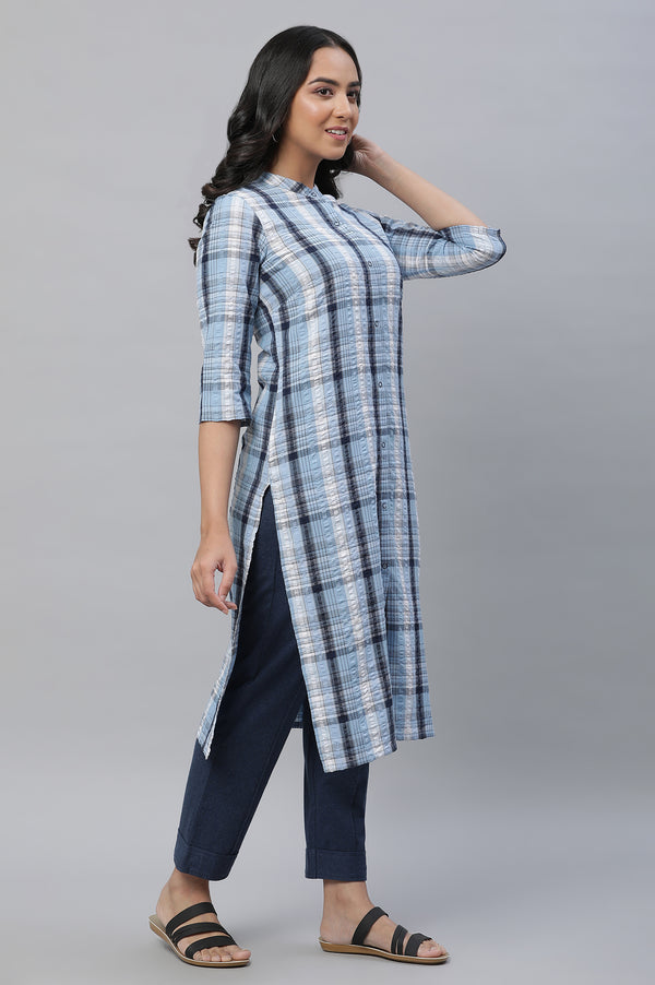Blue Textured Cotton Kurta and Trouser Set