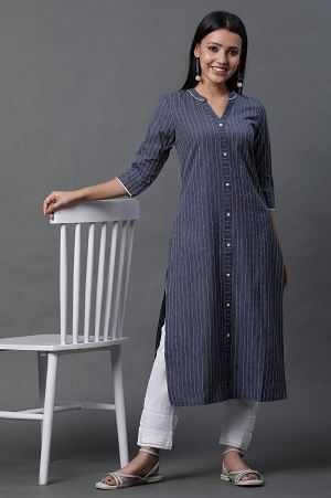 Blue Yar-Dyed Stripe Kurta and Trouser Pants