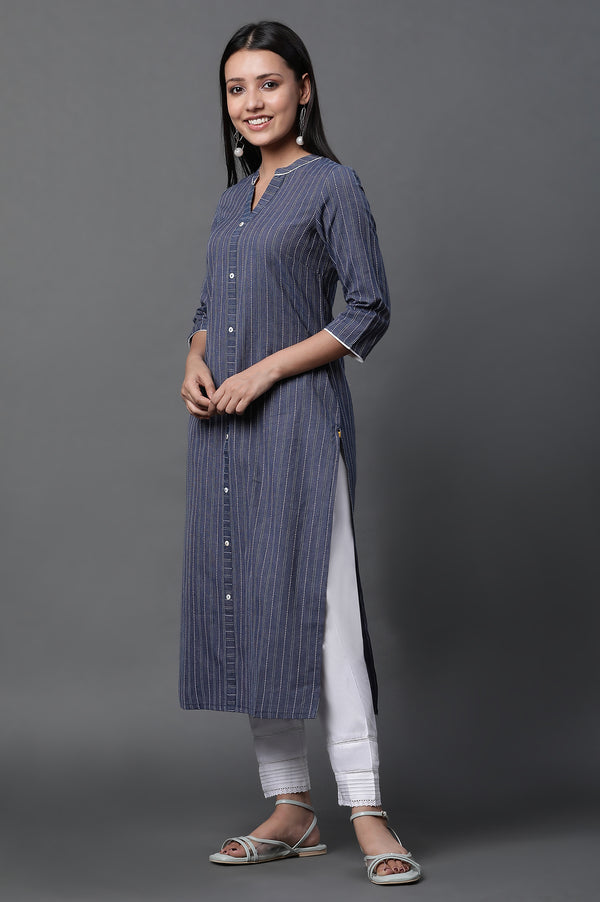 Blue Yar-Dyed Stripe Kurta and Trouser Pants