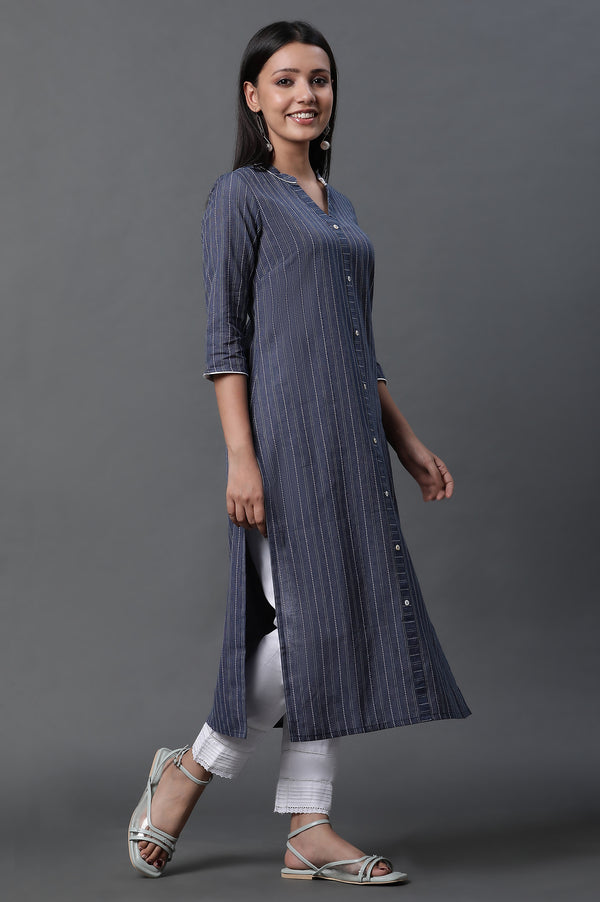 Blue Yar-Dyed Stripe Kurta and Trouser Pants
