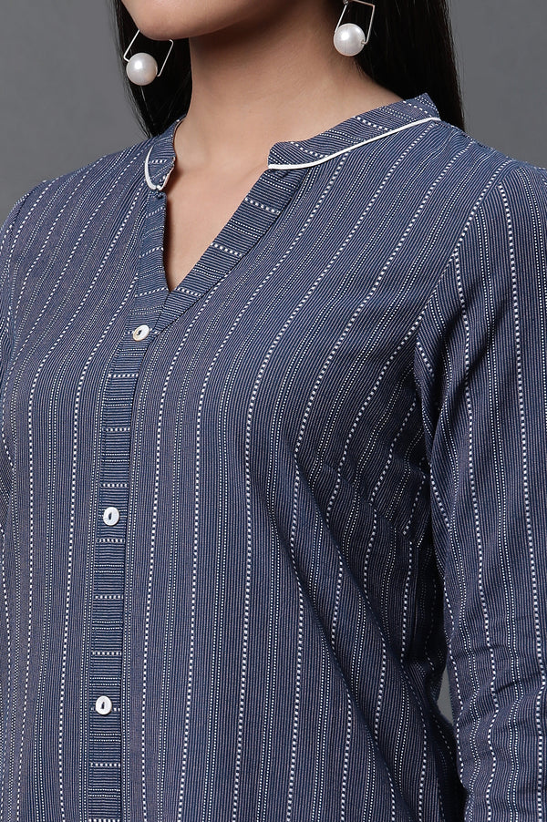 Blue Yar-Dyed Stripe Kurta and Trouser Pants